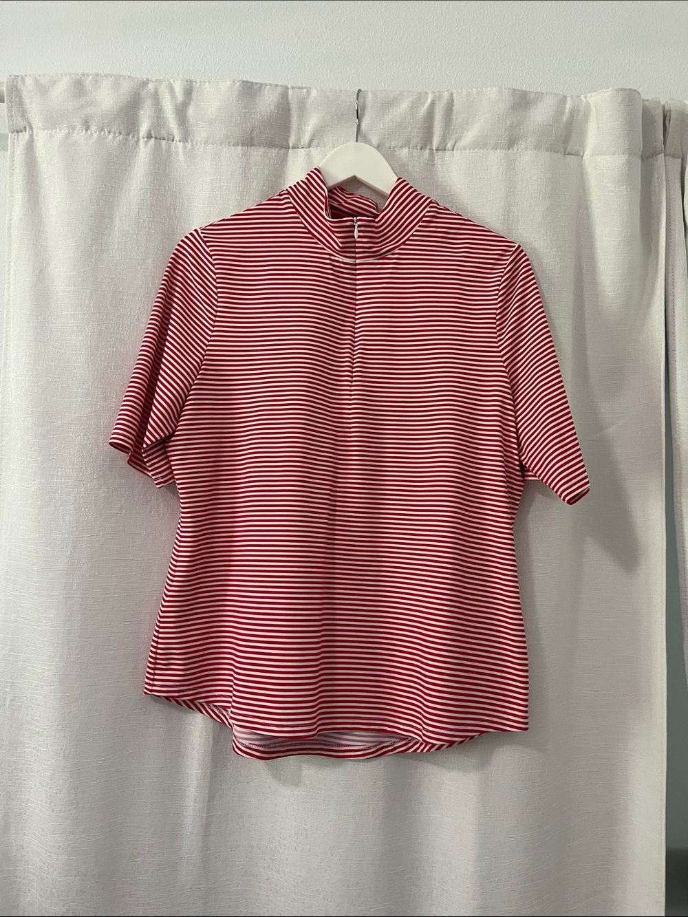 Tommy Bahana Red & White Striped Short Sleeve Mock Neck Top